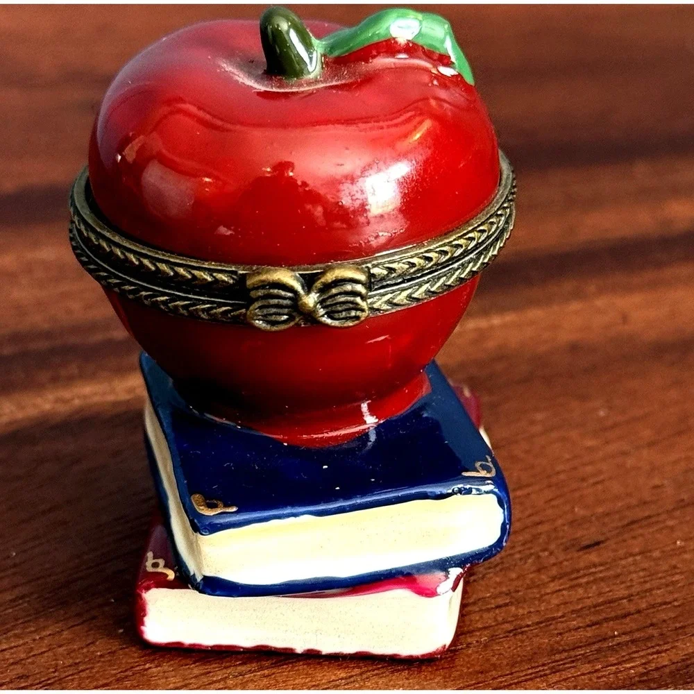Vintage Apple Trinket Box Teacher Gift Hinged Book Stack Classroom Decor - Picture 1 of 7